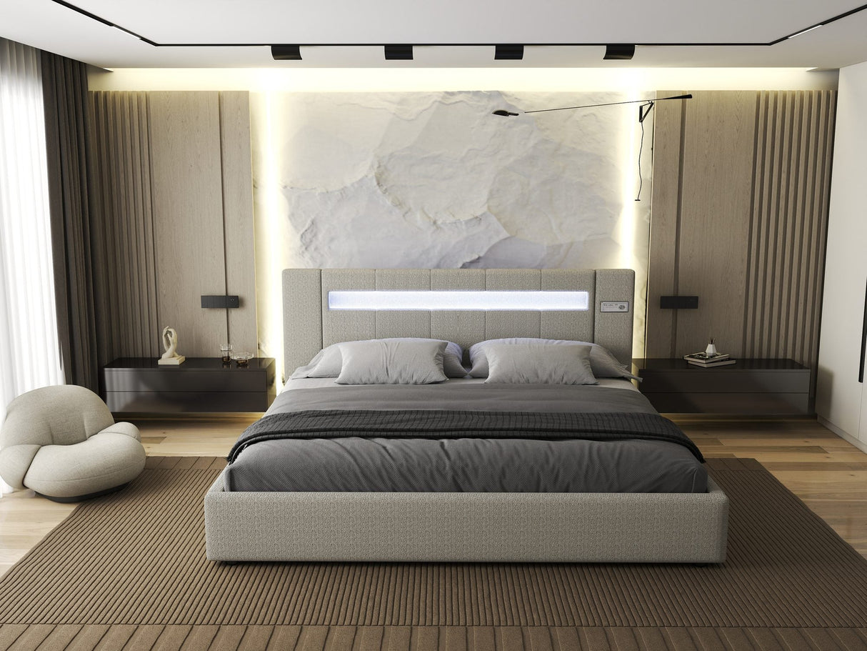 Pat dormitor dumonde, tapitat Gri, Glow 160x200 cm, somiera rabatabila inclusa, spatiu depozitare