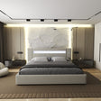 Pat dormitor dumonde, tapitat bej, Glow 180x200 cm, somiera rabatabila inclusa, spatiu depozitare