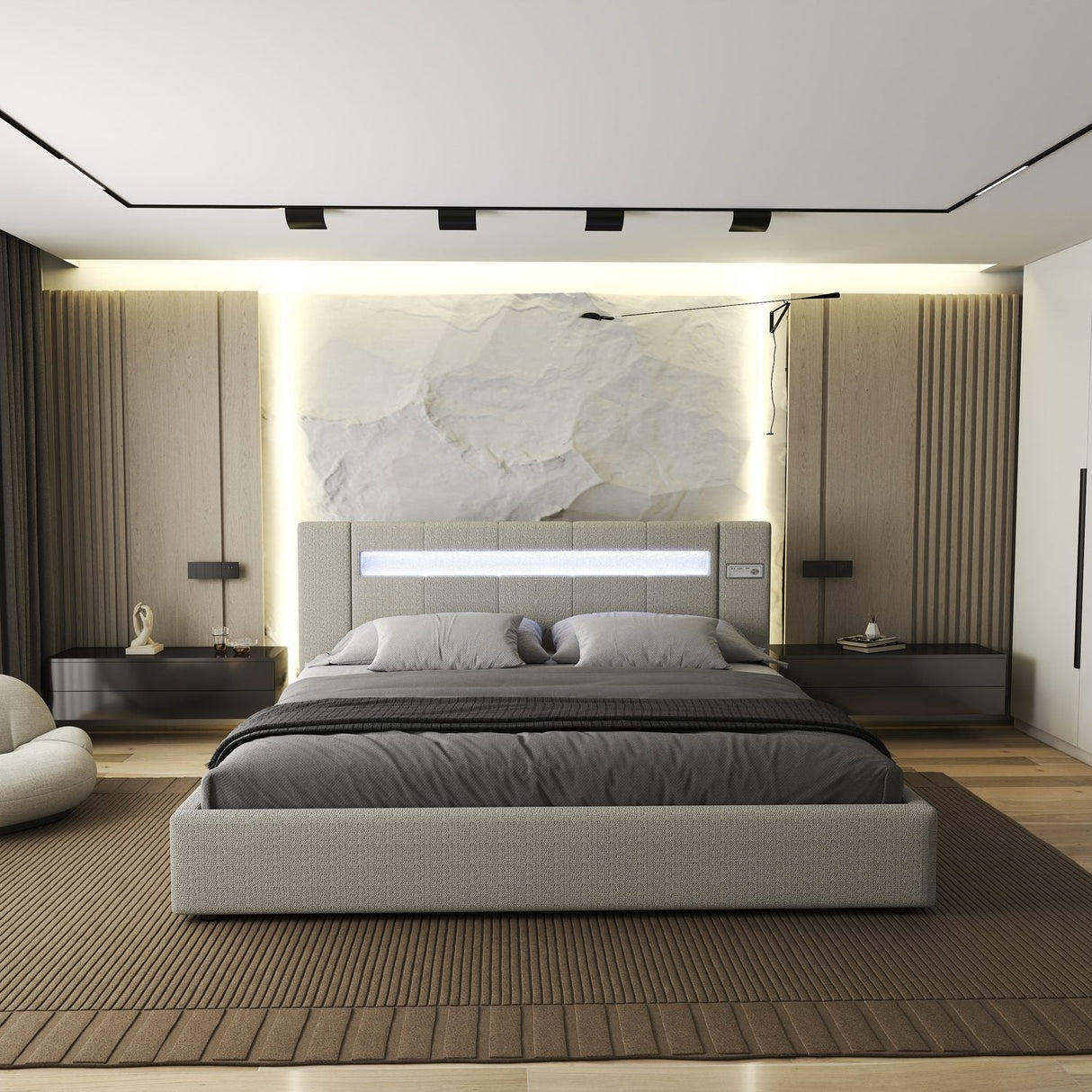 Set Pat dormitor dumonde, tapitat bej, Glow 180x200 cm, somiera rabatabila inclusa, spatiu depozitare + saltea