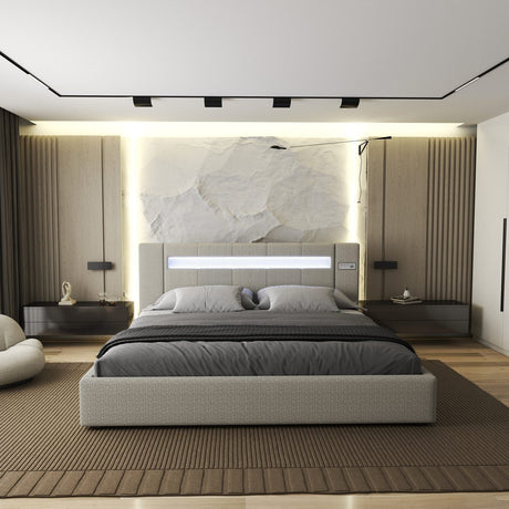 Set Pat dormitor dumonde, tapitat bej, Glow 180x200 cm, somiera rabatabila inclusa, spatiu depozitare + saltea