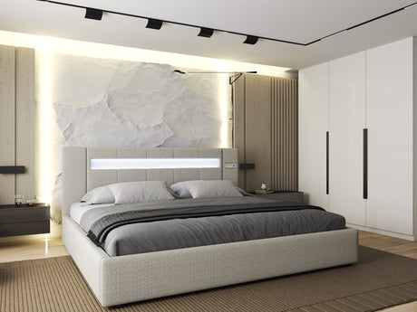 Set Pat dormitor dumonde, tapitat bej, Glow 180x200 cm, somiera rabatabila inclusa, spatiu depozitare + saltea
