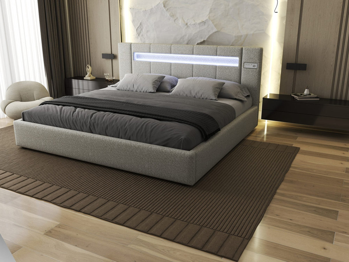 Set Pat dormitor dumonde, tapitat bej, Glow 180x200 cm, somiera rabatabila inclusa, spatiu depozitare + saltea