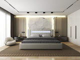 Set Pat dormitor dumonde, tapitat bej, Glow 180x200 cm, somiera rabatabila inclusa, spatiu depozitare + saltea