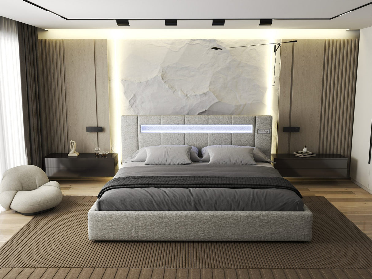 Set Pat dormitor dumonde, tapitat bej, Glow 180x200 cm, somiera rabatabila inclusa, spatiu depozitare + saltea