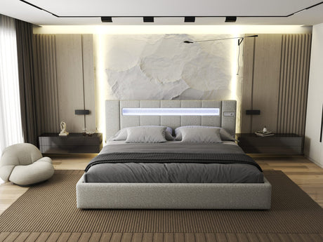 Set Pat dormitor dumonde, tapitat bej, Glow 180x200 cm, somiera rabatabila inclusa, spatiu depozitare + saltea