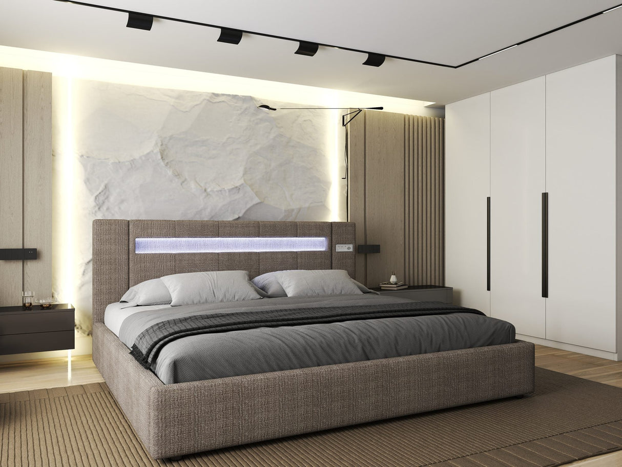 Pat dormitor dumonde, tapitat maro, Glow 180x200 cm, somiera rabatabila inclusa, spatiu depozitare