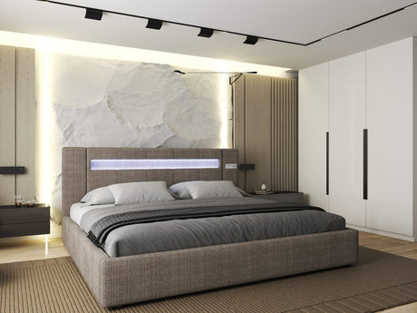 Set Pat dormitor dumonde, tapitat maro, Glow 180x200 cm, somiera rabatabila inclusa, spatiu depozitare + saltea