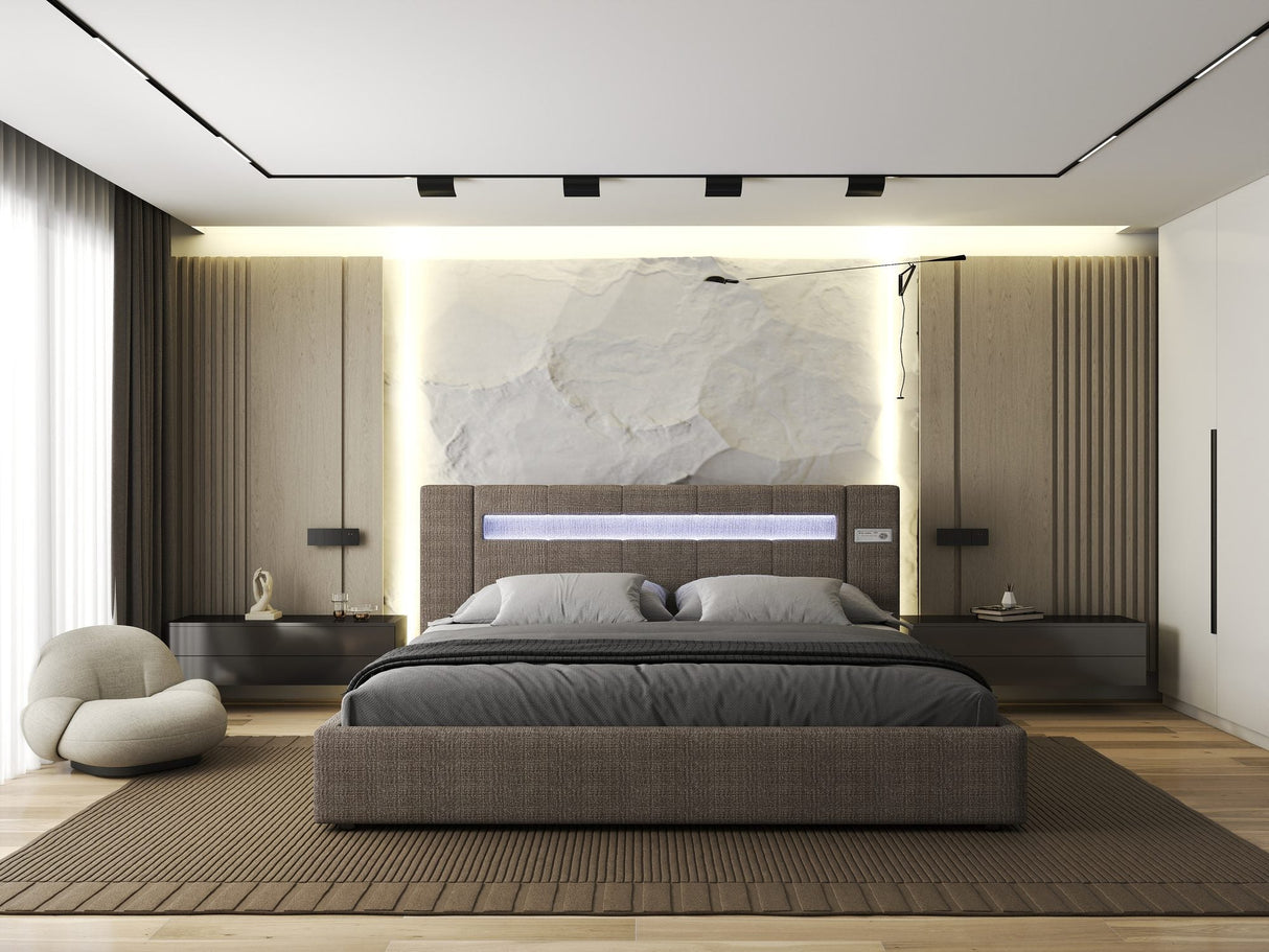 Pat dormitor dumonde, tapitat maro, Glow 180x200 cm, somiera rabatabila inclusa, spatiu depozitare