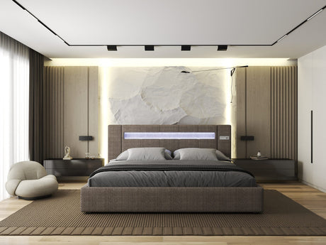 Set Pat dormitor dumonde, tapitat maro, Glow 180x200 cm, somiera rabatabila inclusa, spatiu depozitare + saltea