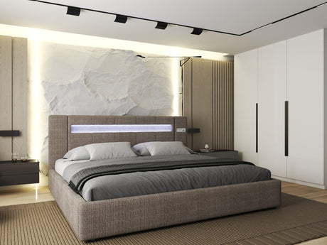 Pat dormitor dumonde, tapitat maro, Glow 180x200 cm, somiera rabatabila inclusa, spatiu depozitare