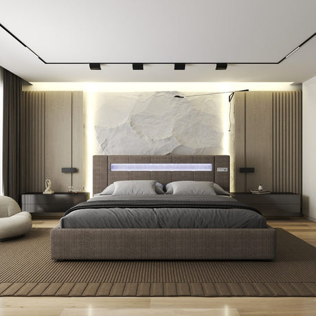 Set Pat dormitor dumonde, tapitat maro, Glow 180x200 cm, somiera rabatabila inclusa, spatiu depozitare + saltea