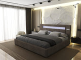 Set Pat dormitor dumonde, tapitat maro, Glow 180x200 cm, somiera rabatabila inclusa, spatiu depozitare + saltea