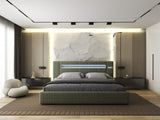 Set Pat dormitor dumonde, tapitat verde, Glow 180x200 cm, somiera rabatabila inclusa, spatiu depozitare + saltea