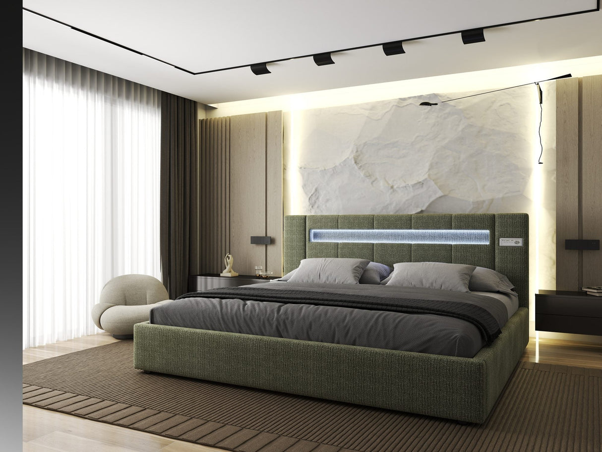 Set Pat dormitor dumonde, tapitat verde, Glow 180x200 cm, somiera rabatabila inclusa, spatiu depozitare + saltea