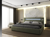 Set Pat dormitor dumonde, tapitat verde, Glow 180x200 cm, somiera rabatabila inclusa, spatiu depozitare + saltea
