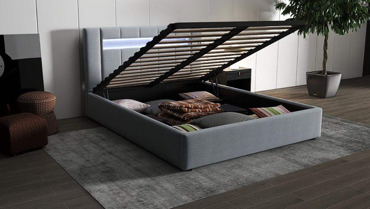 Set Pat dormitor dumonde, tapitat gri, Glow 140x200 cm, somiera rabatabila inclusa, spatiu depozitare + saltea