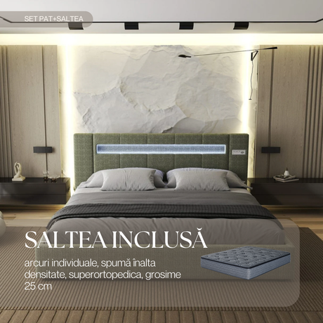 Set Pat dormitor dumonde, tapitat verde, Glow 180x200 cm, somiera rabatabila inclusa, spatiu depozitare + saltea