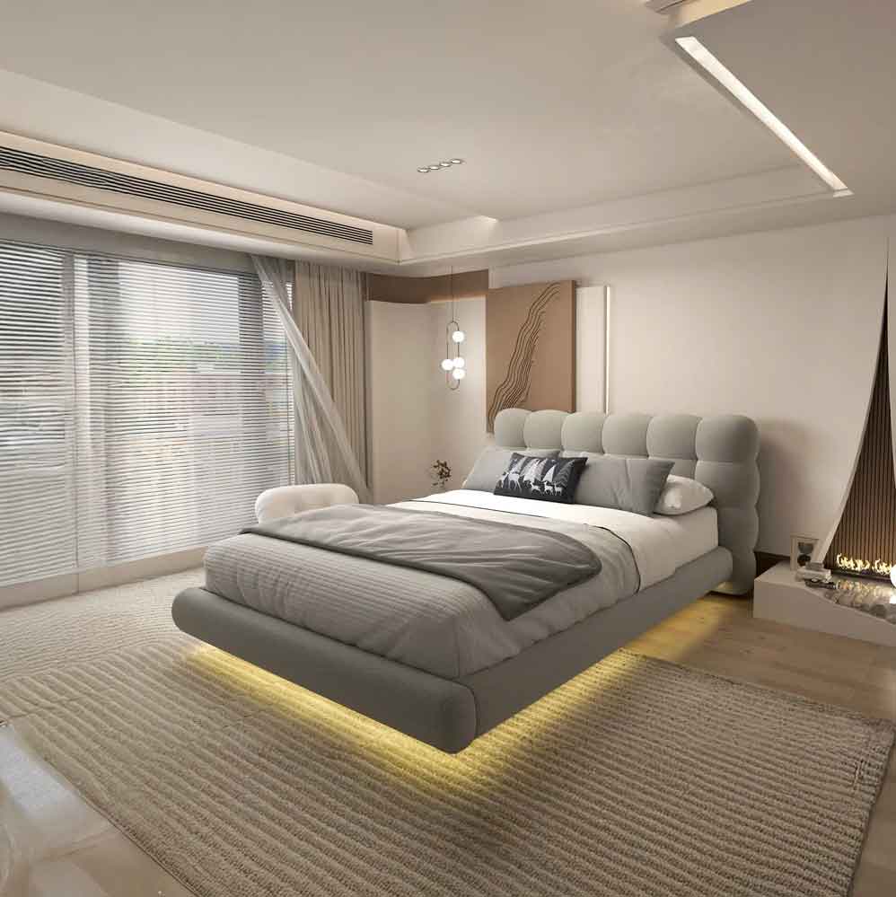 Set Pat dormitor dumonde, tapitat gri cu LED, "floating bed" Cloud 160x200 cm, somiera inclusa + saltea