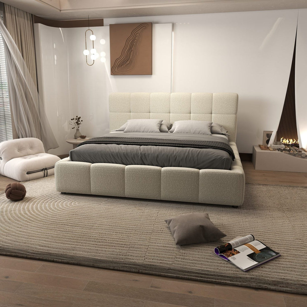 Set Pat dormitor dumonde, tapitat bej, Lorenzo 140x200 cm, somiera rabatabila inclusa, spatiu depozitare + saltea