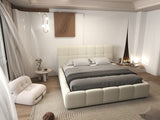 Set Pat dormitor dumonde, tapitat bej, Lorenzo 140x200 cm, somiera rabatabila inclusa, spatiu depozitare + saltea