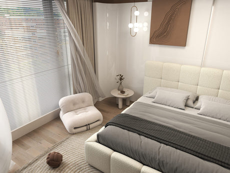 Set Pat dormitor dumonde, tapitat bej, Lorenzo 140x200 cm, somiera rabatabila inclusa, spatiu depozitare + saltea