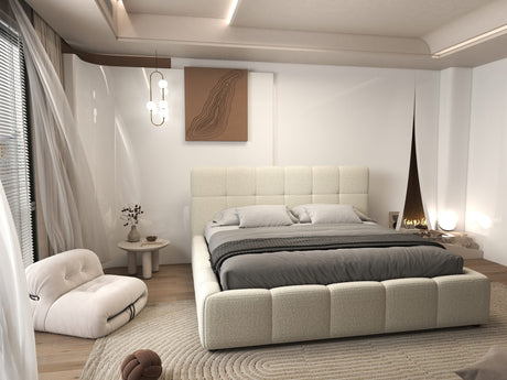 Set Pat dormitor dumonde, tapitat bej, Lorenzo 140x200 cm, somiera rabatabila inclusa, spatiu depozitare + saltea