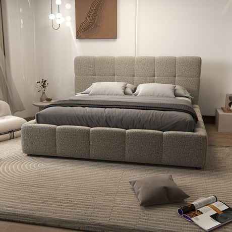 Set Pat dormitor dumonde, tapitat bej, Lorenzo 140x200 cm, somiera rabatabila inclusa, spatiu depozitare + Saltea Fabrica