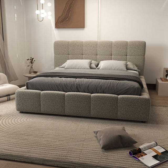 Set Pat dormitor dumonde, tapitat bej, Lorenzo 140x200 cm, somiera rabatabila inclusa, spatiu depozitare + Saltea Fabrica