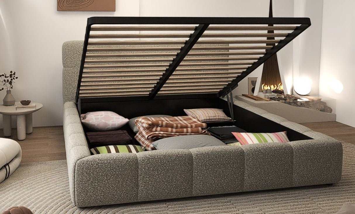 Set Pat dormitor dumonde, tapitat bej, Lorenzo 140x200 cm, somiera rabatabila inclusa, spatiu depozitare + Saltea Fabrica