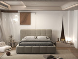 Set Pat dormitor dumonde, tapitat bej, Lorenzo 140x200 cm, somiera rabatabila inclusa, spatiu depozitare + Saltea Fabrica