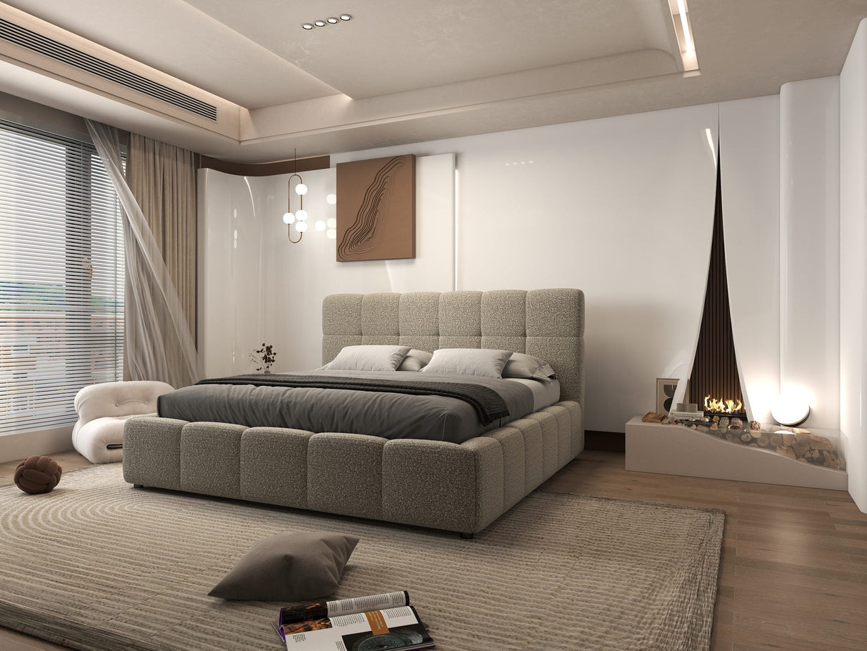 Set Pat dormitor dumonde, tapitat bej, Lorenzo 140x200 cm, somiera rabatabila inclusa, spatiu depozitare + Saltea Fabrica