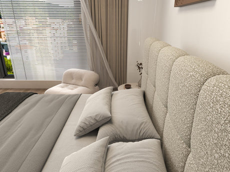 Set Pat dormitor dumonde, tapitat bej, Lorenzo 140x200 cm, somiera rabatabila inclusa, spatiu depozitare + Saltea Fabrica