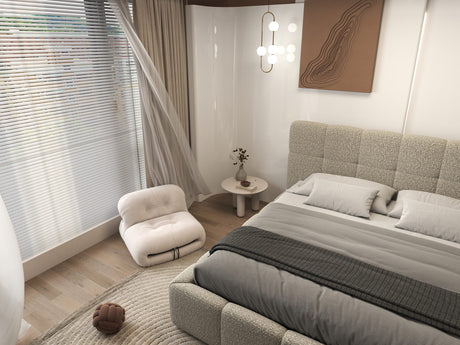 Set Pat dormitor dumonde, tapitat bej, Lorenzo 140x200 cm, somiera rabatabila inclusa, spatiu depozitare + Saltea Fabrica