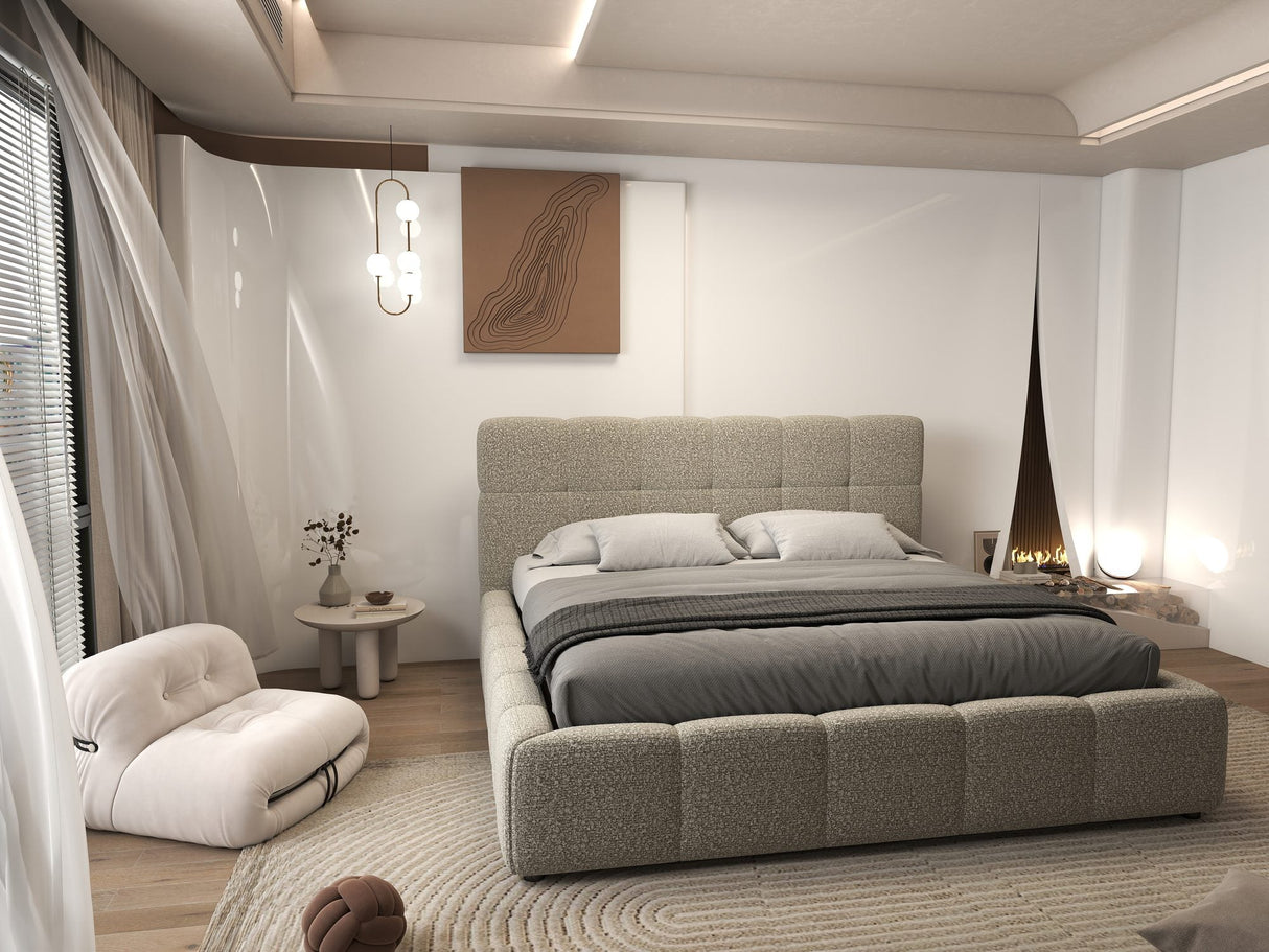 Set Pat dormitor dumonde, tapitat bej, Lorenzo 140x200 cm, somiera rabatabila inclusa, spatiu depozitare + Saltea Fabrica