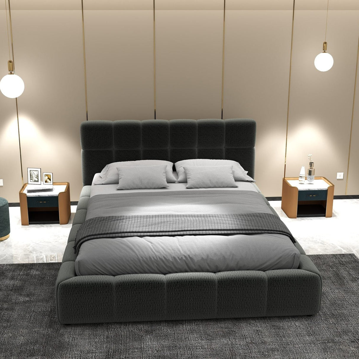 Set Pat dormitor dumonde, tapitat gri, Lorenzo 180x200 cm, somiera rabatabila inclusa, spatiu depozitare + saltea
