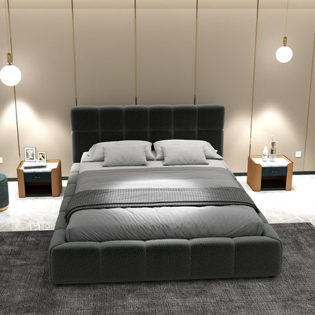 Set Pat dormitor dumonde, tapitat gri, Lorenzo 180x200 cm, somiera rabatabila inclusa, spatiu depozitare + saltea