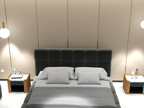 Set Pat dormitor dumonde, tapitat gri, Lorenzo 180x200 cm, somiera rabatabila inclusa, spatiu depozitare + saltea