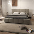 Pat dormitor dumonde, tapitat bej, Lorenzo 180x200 cm, somiera rabatabila inclusa, spatiu depozitare