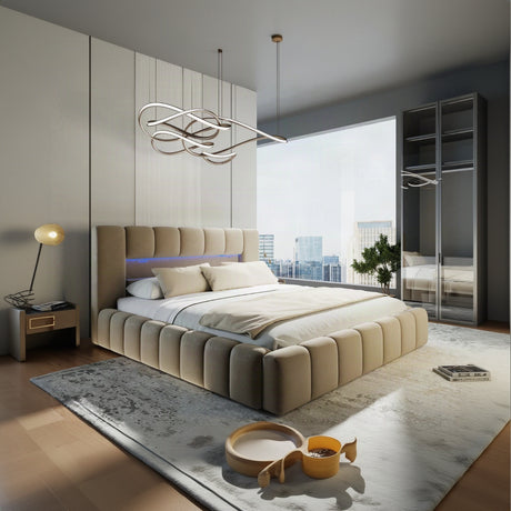 Pat dormitor dumonde, tapitat bej cu LED si USB, Palermo 140x200 cm, somiera rabatabila inclusa, spatiu depozitare – imagine 1