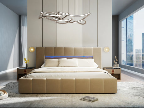Pat dormitor dumonde, tapitat bej cu LED si USB, Palermo 140x200 cm, somiera rabatabila inclusa, spatiu depozitare – imagine 2