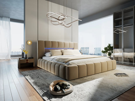 Pat dormitor dumonde, tapitat bej cu LED si USB, Palermo 140x200 cm, somiera rabatabila inclusa, spatiu depozitare – imagine 3