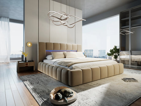 Pat dormitor dumonde, tapitat bej cu LED si USB, Palermo 140x200 cm, somiera rabatabila inclusa, spatiu depozitare – imagine 4