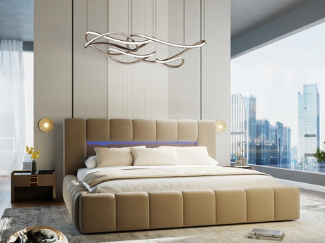 Pat dormitor dumonde, tapitat bej cu LED si USB, Palermo 140x200 cm, somiera rabatabila inclusa, spatiu depozitare – imagine 5