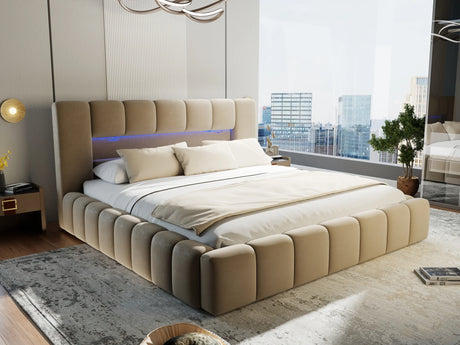 Pat dormitor dumonde, tapitat bej cu LED si USB, Palermo 140x200 cm, somiera rabatabila inclusa, spatiu depozitare – imagine 9