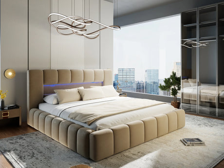 Pat dormitor dumonde, tapitat bej cu LED si USB, Palermo 160x200 cm, somiera rabatabila inclusa, spatiu depozitare – imagine 8