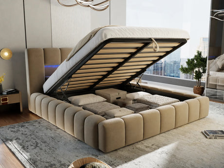 Pat dormitor dumonde, tapitat bej cu LED si USB, Palermo 160x200 cm, somiera rabatabila inclusa, spatiu depozitare – imagine 10