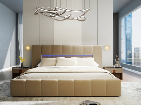 Pat dormitor dumonde, tapitat bej cu LED si USB, Palermo 180x200 cm, somiera rabatabila inclusa, spatiu depozitare – imagine 7