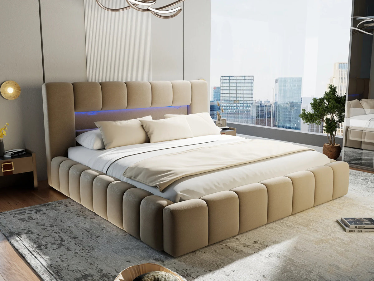 Pat dormitor dumonde, tapitat bej cu LED si USB, Palermo 180x200 cm, somiera rabatabila inclusa, spatiu depozitare – imagine 9
