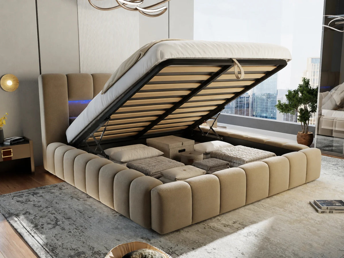 Pat dormitor dumonde, tapitat bej cu LED si USB, Palermo 180x200 cm, somiera rabatabila inclusa, spatiu depozitare – imagine 10