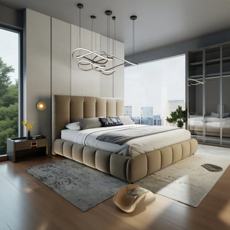 Pat dormitor dumonde, tapitat bej, Divaneo 140x200 cm, somiera rabatabila inclusa, spatiu depozitare – imagine 1